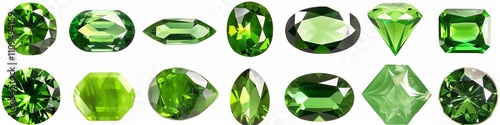 A variety of peridot green gemstones in different cut shapes, on a white background, in PNG format.