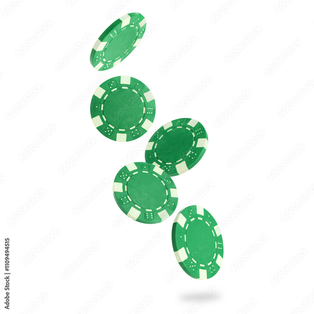 Green casino chips falling on white background Green casino chips falling on white background