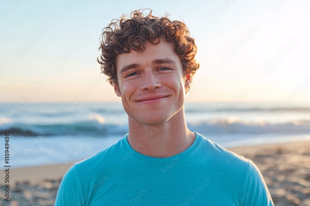 A cheerful man with curly brown hair, wearing a bright blue T-shirt, standing on Santa Monica beach near the waterline, soft sunset tones, cinematic medium close-up 6 A cheerful man with curly brown hair, wearing a bright blue T-shirt, standing on Santa Monica beach near the waterline, soft sunset tones, cinematic medium close-up 6