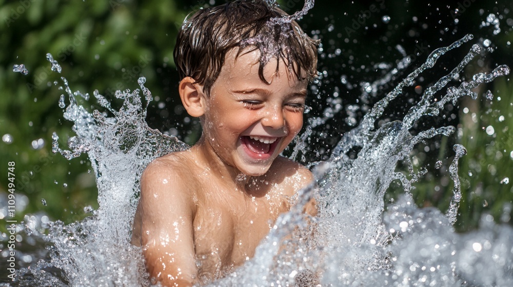 Joyful child splashing in water on a sunny day, laughing with pure delight as droplets sparkle around him, capturing the essence of carefree summer fun. Joyful child splashing in water on a sunny day, laughing with pure delight as droplets sparkle around him, capturing the essence of carefree summer fun.