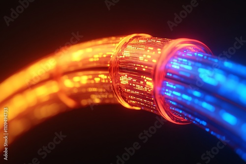 A glowing fiber optic cable splitting into multiple strands carrying digital signals.