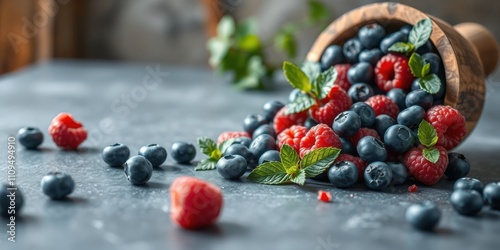 A wooden bowl overflows with a delectable mix of blueberries and raspberries, scattered across a cool grey surface, creating a vibrant and refreshing scene.