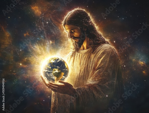 Cosmic Jesus holding a radiant Earth, surrounded by starry light and a celestial glow symbolizing faith and care photo