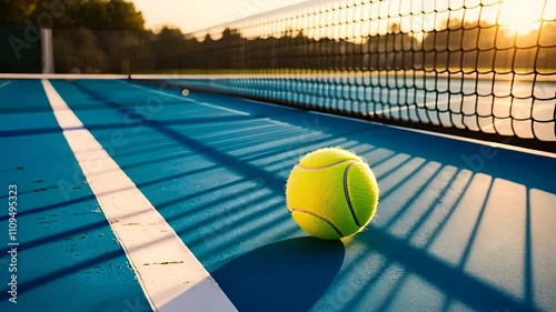 Tennis Ball on Court with Net Shadows During Golden Hour

 photo