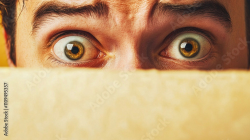 Man hiding behind cardboard showing big scared eyes and eyebrows photo