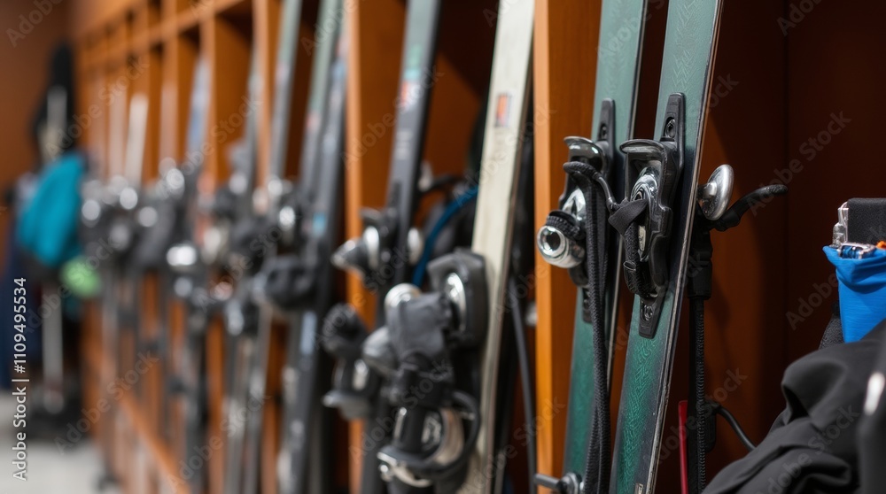 Fototapeta premium close-up of ski equipment, including skis, poles, and boots, arranged neatly in a ski resort locker room