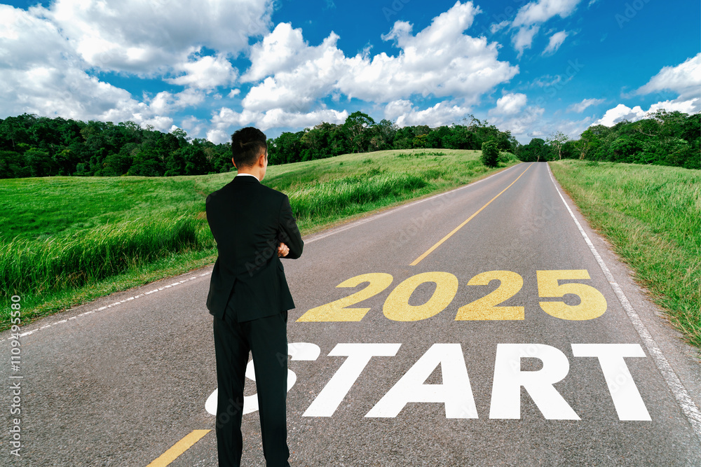 2025 New Year journey and future vision concept . Businessman traveling on highway road leading forward to happy new year celebration in beginning of 2025 for elation and successful start . 2025 New Year journey and future vision concept . Businessman traveling on highway road leading forward to happy new year celebration in beginning of 2025 for elation and successful start .