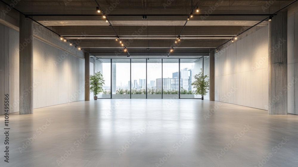 A large, empty room with a staircase and a door A large, empty room with a staircase and a door
