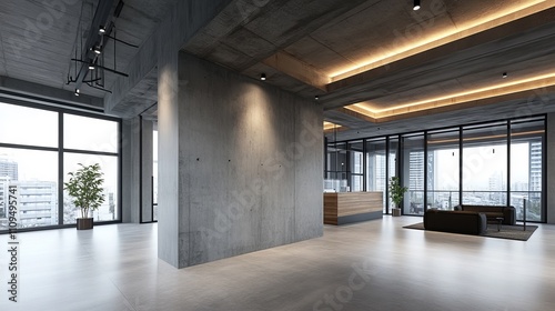 A large, empty room with a large window and a potted plant