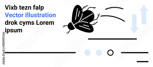 Fly with motion lines, abstract arrows, text, horizontal lines, and circles. Ideal for concepts of movement, speed, interface design, balance, nature, minimalism, and abstract art. Landing page