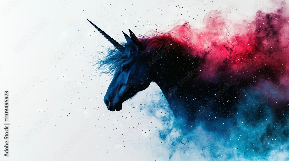   A close-up of a horse's head with red and blue smoke emanating from its back