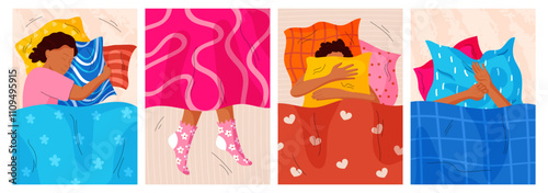 Bed cozy. Woman morning doze. Pleasure under blanket. Girls comfortable rest. Person lying on mattress and hugging pillow. Sweet dream. Night relaxation. Sleepy pose. Vector garish relaxing people set