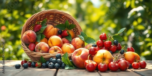 A Basket Overflowing with the Bounty of Summer Fruit, Ripe Peaches, Cherries, and Strawberries, a Delicious Medley of Nature's Sweetness
