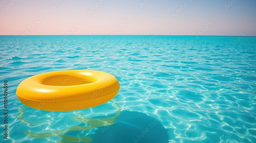 A single bright yellow inflatable ring floating on crystal clear blue water, symbolizing carefree summer days and relaxation A single bright yellow inflatable ring floating on crystal clear blue water, symbolizing carefree summer days and relaxation