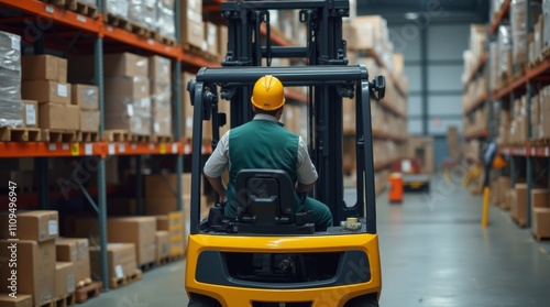 A warehouse operator driving a forklift truck. photo