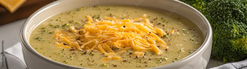A bowl of creamy broccoli cheddar soup with a sprinkle of cheese. A bowl of creamy broccoli cheddar soup with a sprinkle of cheese.