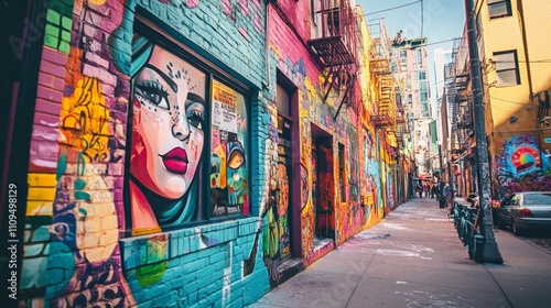 Vibrant Street Art Scene, a lively urban setting adorned with colorful murals, reflecting the dynamic spirit of culture and creativity in the city.