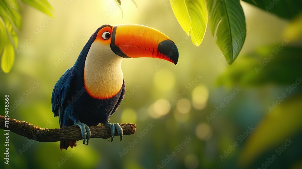 Obraz premium Colorful toucan on branch, tropical setting, sunlight streaming through tree leaves
