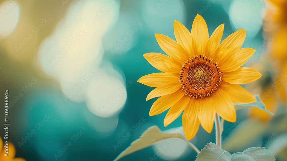 Obraz premium A yellow sunflower in sharp focus, surrounded by blurred tree boke and a blue sky backdrop