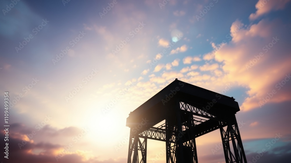 A silhouette of a metal structure against a sky filled with vibrant pink and blue clouds at sunset. A silhouette of a metal structure against a sky filled with vibrant pink and blue clouds at sunset.