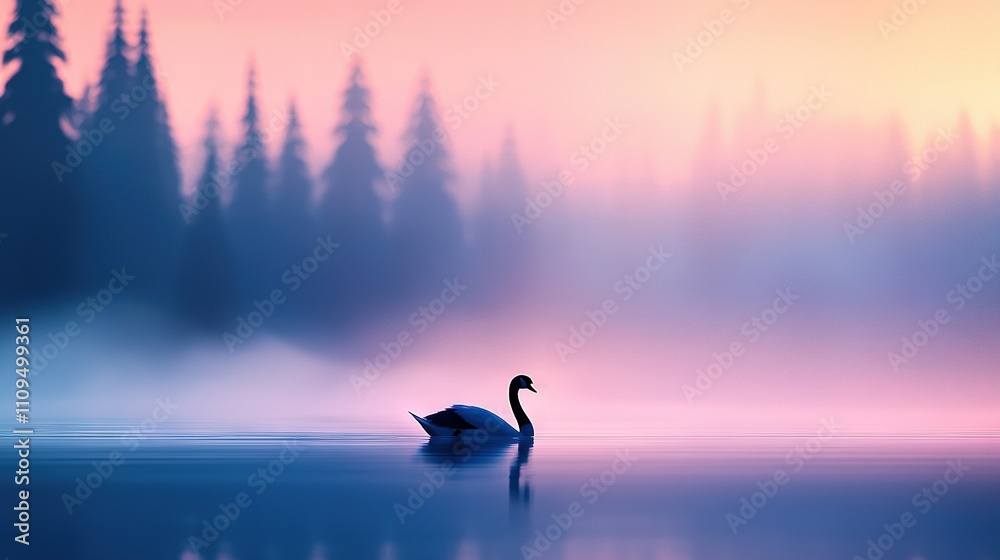Fototapeta premium A swan gracefully glides through a tranquil lake surrounded by majestic trees and a hazy sky overhead