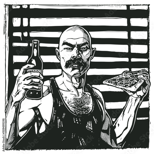 Bald man with mustache, with beer and pizza, vector