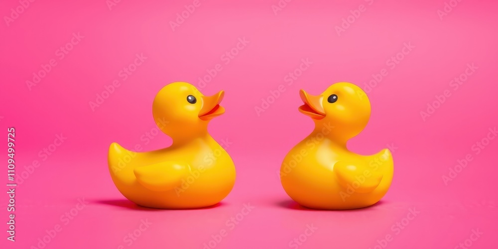 Two Yellow Rubber Ducks Facing Each Other on a Vibrant Pink Background Two Yellow Rubber Ducks Facing Each Other on a Vibrant Pink Background