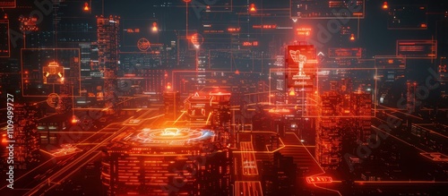 A futuristic city with glowing red lights and complex network of lines.