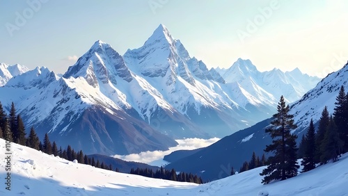 Beautiful landscape of snow-capped mountains. Panoramic view of mountainous area with peaks. 