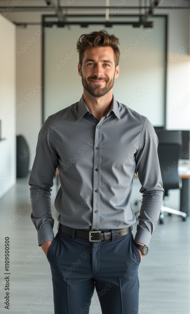 Professional male with a poised stance in a corporate environment
