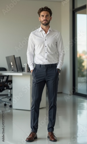 Stylish young man standing in a clean and organized workspace