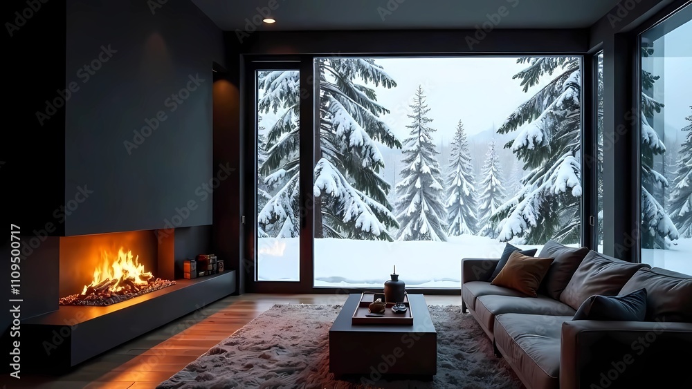 Fototapeta premium Modern living room with fireplace, beautiful view of snowy forest. Cozy interior.