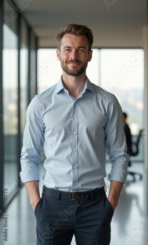 Confident male professional standing in a minimalist workspace