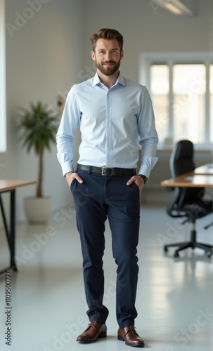Stylish office atmosphere with a young man looking at the camera