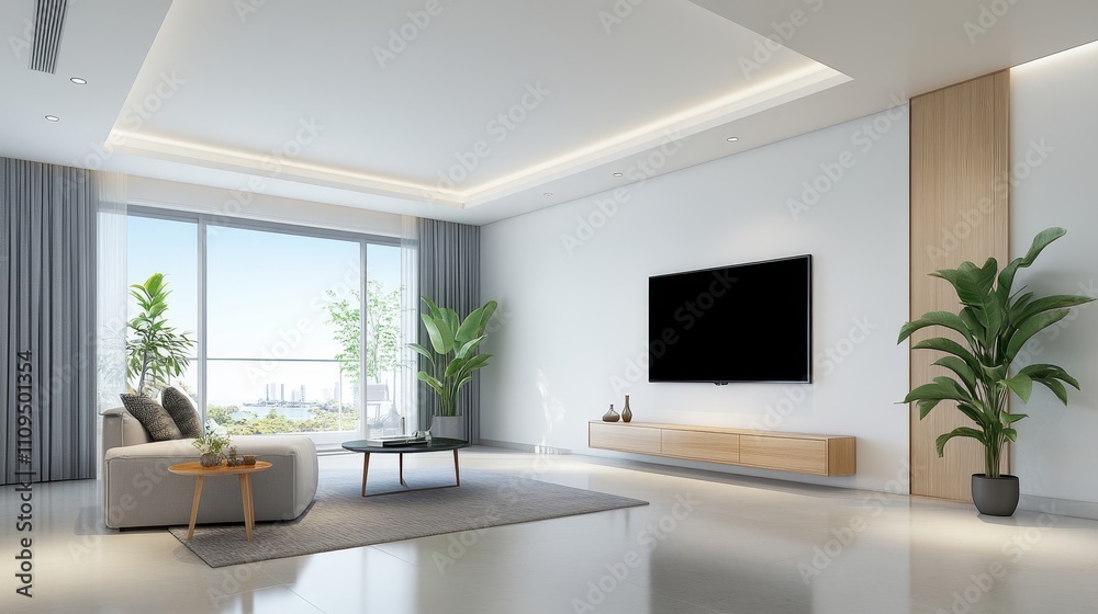 A large flat screen television is mounted on the wall in a living room