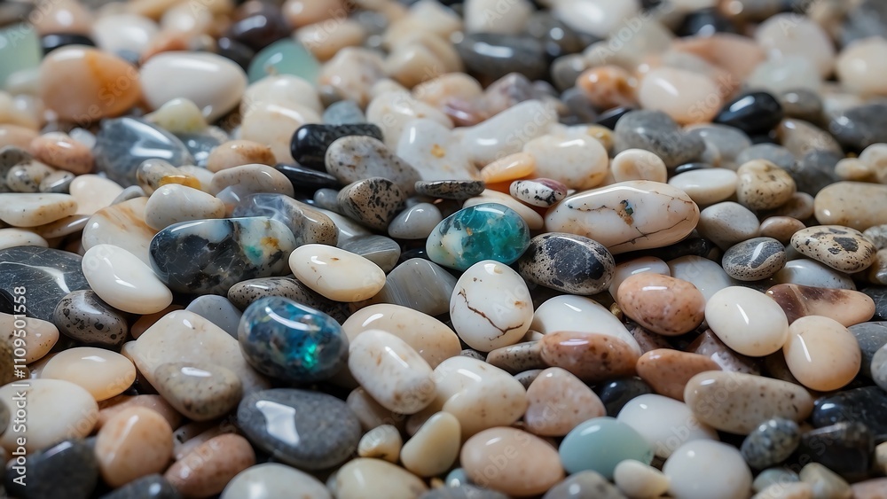 Polished opal pebble backdrop. Smooth, spherical, colorful gravel stone texture. Polished opal pebble backdrop. Smooth, spherical, colorful gravel stone texture.