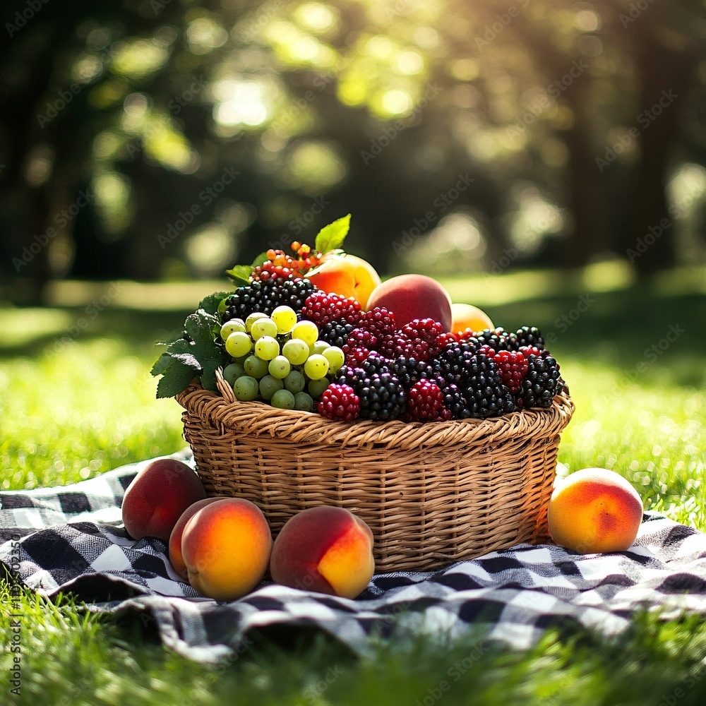 Fresh and Vibrant Summer Fruit Arrangement in a Woven Basket on a Checkered Blanket Amidst a Lush Green Park Background with Glowing Sunlight Fresh and Vibrant Summer Fruit Arrangement in a Woven Basket on a Checkered Blanket Amidst a Lush Green Park Background with Glowing Sunlight