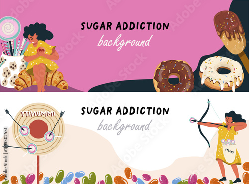 Horizontal background, frame, banner Sugar addiction is harmful to health, female character with bow and arrow shooting her immune system, woman with heart ache on croissant, hand drawn vector.