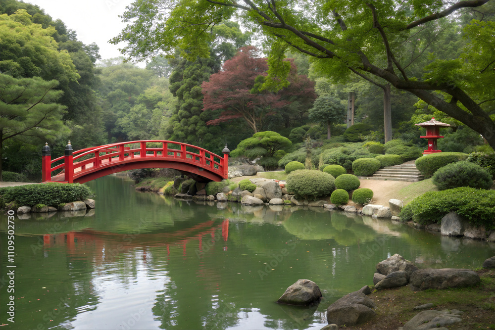 Serene Japanese Garden with Red Arched Bridge Serene Japanese Garden with Red Arched Bridge