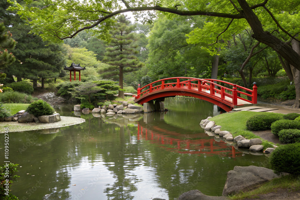 Serene Japanese Garden with Red Arched Bridge Serene Japanese Garden with Red Arched Bridge