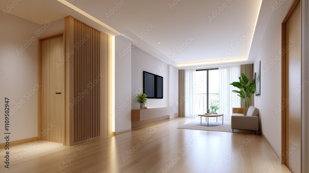 A large, open living room with a wooden wall and a white ceiling A large, open living room with a wooden wall and a white ceiling