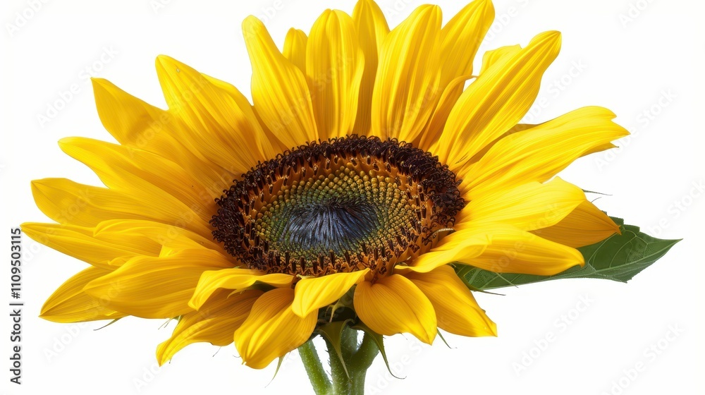 Fototapeta premium A vibrant sunflower with golden petals and a dark center, showcasing its natural beauty against a white background.
