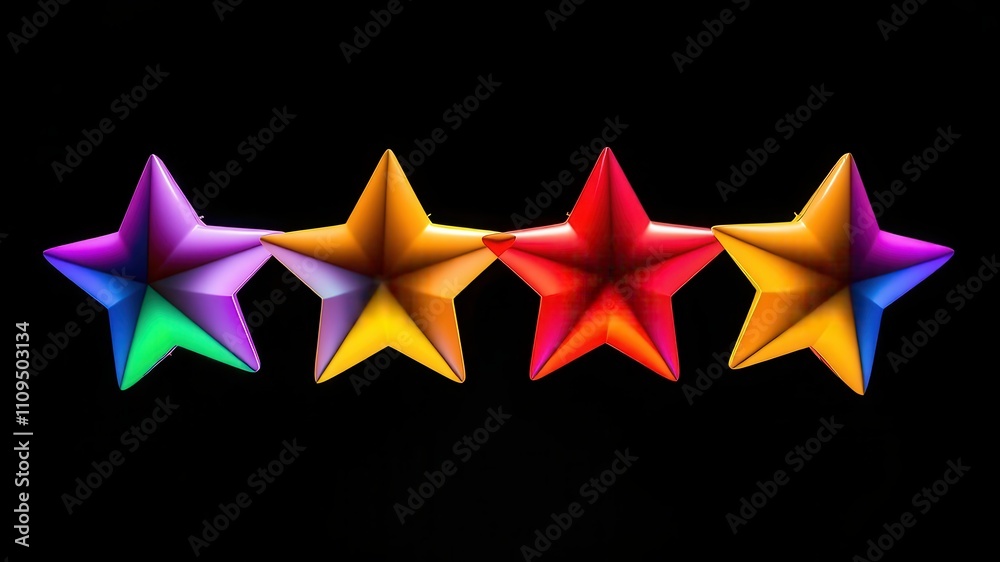 Four vibrant, iridescent stars arranged in a row, showcasing a captivating spectrum of color against a stark black backdrop Four vibrant, iridescent stars arranged in a row, showcasing a captivating spectrum of color against a stark black backdrop