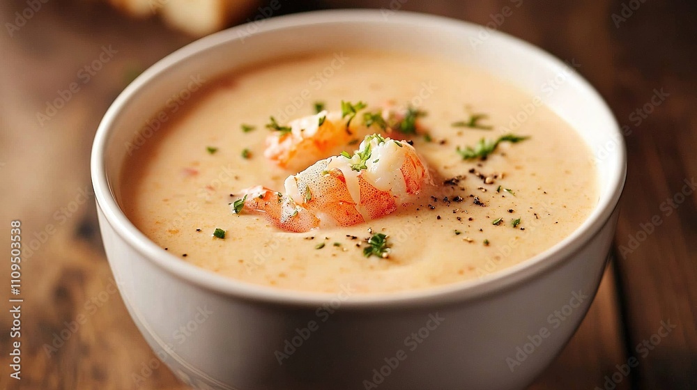 Close-up of soup bowl with shrimp on top on table with bread in background Close-up of soup bowl with shrimp on top on table with bread in background