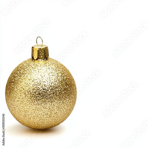 A shiny gold Christmas ornament with a glittery surface.