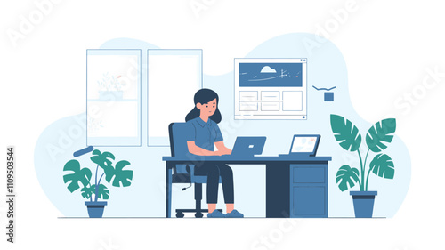 Flat Illustration of a Girl Working on a Laptop in a Memphis Style Office