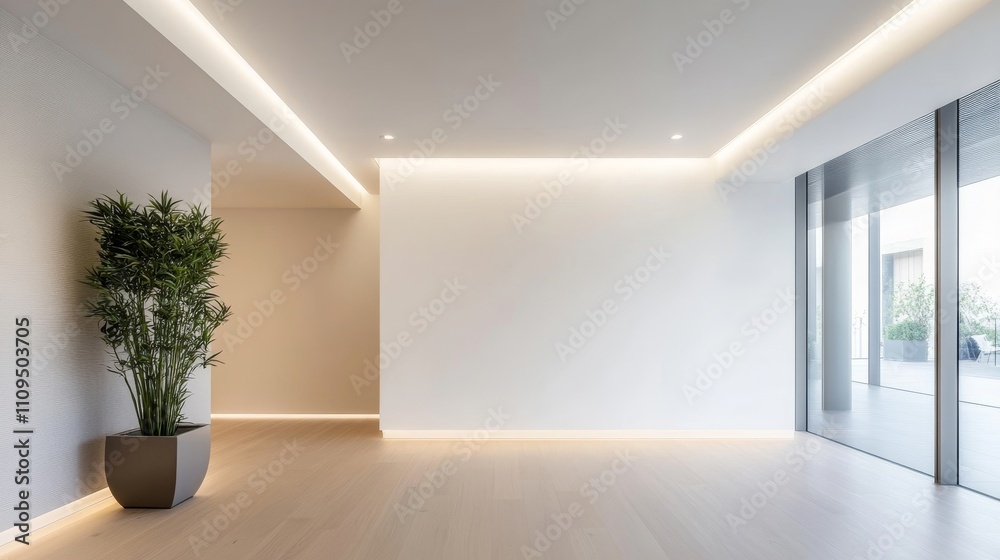Fototapeta premium A large open room with a white wall and a green plant in a white pot