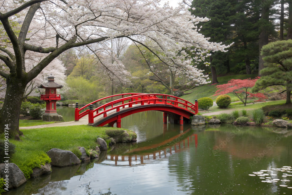 Serene Japanese Garden with Red Arched Bridge Serene Japanese Garden with Red Arched Bridge