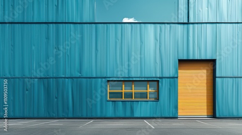 Teal industrial building exterior with yellow roll-up door and small window.