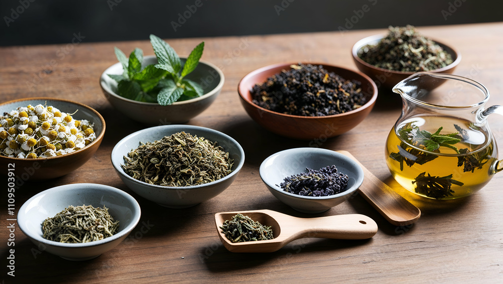 Variety of herbs and teas arranged on a wooden surface highlighting natural ingredients and wellness practices Variety of herbs and teas arranged on a wooden surface highlighting natural ingredients and wellness practices